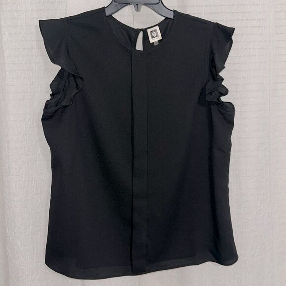 Anne Klein L Black Pleated Front Round Neck Back Button Ruffle Sleeve Top - Picture 1 of 9
